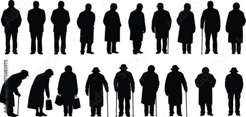 Set of elderly people silhouettes standing and walking with canes and bags isolated on white background vector illustration