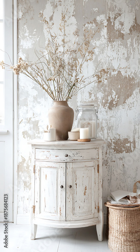 Vintage wooden cabinet with textured wallpaper background, featuring vase of dried flowers, candles, and glass jar, creating serene atmosphere