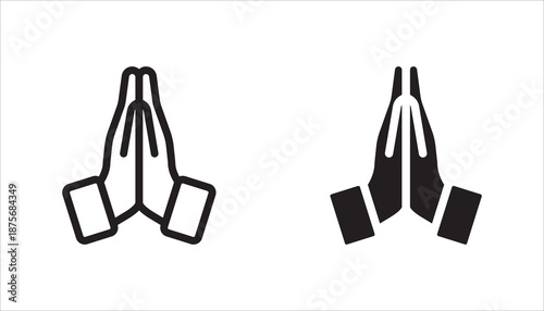 Minimal prayer hands gesture icon set, in outline and solid styles symbolizing spirituality, meditation, gratitude, peace, and worship isolated on gray background.