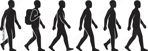 Set of men walking silhouettes featuring various male characters in motion including a student with a backpack and casual pedestrians isolated on white background vector