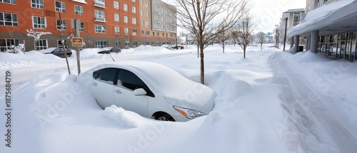 Car buried in snow during winter storm in a parking lot with heavy snowfall and deep snow drifts surrounding the vehicle