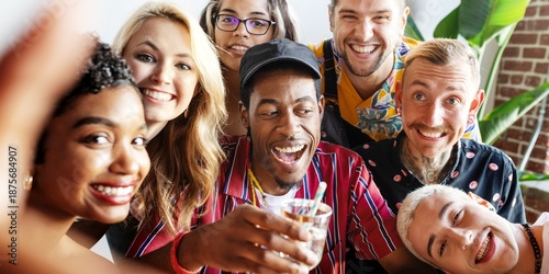 Group of diverse friends smiling, celebrating, enjoying a party. Happy faces, joyful moments, and diverse cultures captured in a lively gathering. Happy diverse friends celebrating at birthday party.