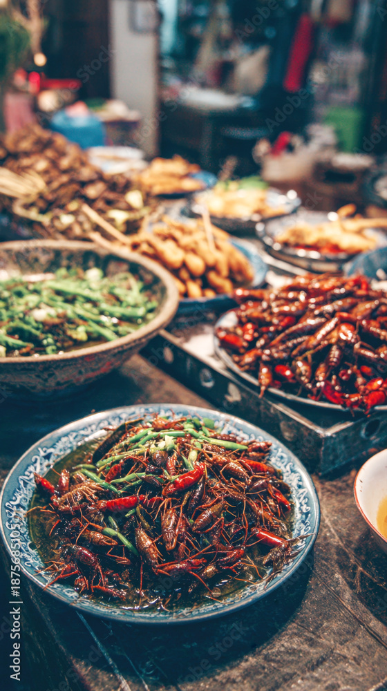 Fototapeta premium Traditional Asian Street Food Market Display Featuring Crispy Fried Edible Insects and Spicy Grasshoppers Served with Green Herbs on Decorative Ceramic Plates at a Night Food Stall in Southeast Asia