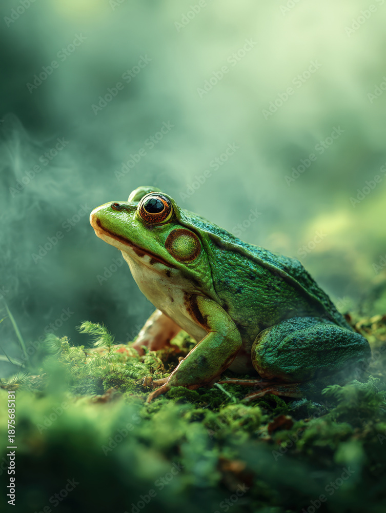 Fototapeta premium Close Up Macro Portrait of a Vibrant Green Bullfrog Sitting on Mossy Ground Surrounded by Ethereal Morning Mist and Fog in a Lush Enchanted Forest Environment for Wildlife and Nature Photography