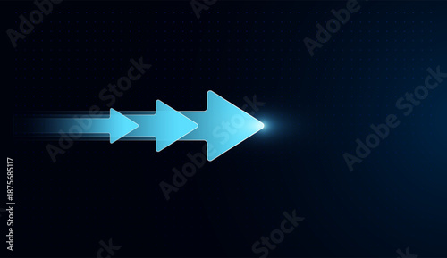 Glowing blue arrow symbolizing growth, innovation, and upward progress in modern design. and Blue arrow moving forward with glowing effect