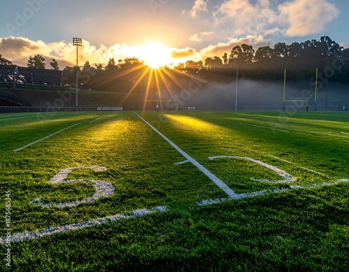 Golden sunlight shining across football field high resolution wallpaper