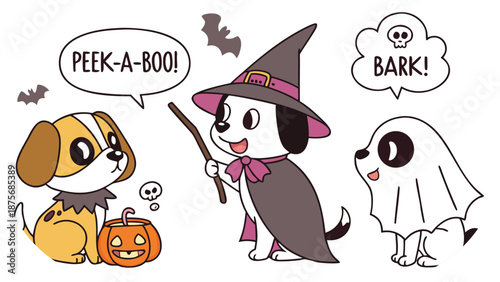 Dogs dressed for Halloween with a ghost and a witch hat and cape Keywords: halloween, dog, puppy, ghost, witch, costume, hat, cape