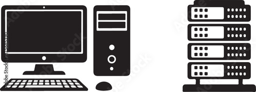 Computer monitor keyboard mouse tower and server racks