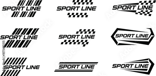 Collection of nine black and white sport line automotive designs featuring racing flags, geometric speed patterns, and bold typography on white, isolated.
