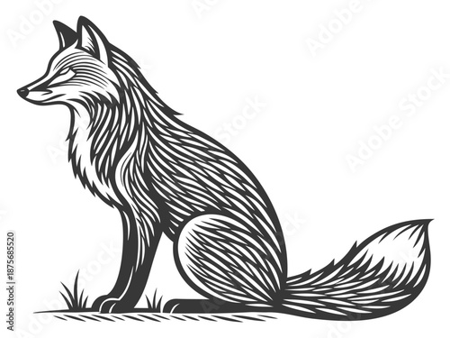 Elegant Black And White Sitting Fox Illustration With Intricate Lines vector
