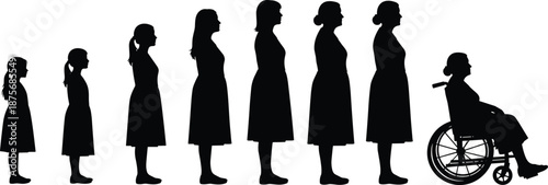 Woman life stages silhouette from childhood to adulthood ending in wheelchair, disability awareness and aging concept black vector illustration isolated