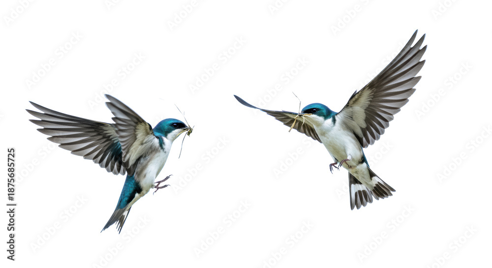 Fototapeta premium Two adult iridescent tree swallows in sharp mid-flight, one with nesting material, frozen against transparent, high-speed nature and freedom concept