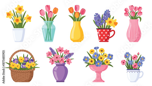 Colorful Spring Flower Arrangements in Vases Collection, Cartoon Floral Bouquets Set, Tulip and Daffodil Pots, Minimalist Garden Plant Vector Illustration Bundle