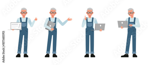 Senior male repair technician character vector illustration design set.