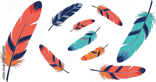 Colorful stylized feather illustration set, coral blue turquoise orange feathers, decorative bohemian bird plumes, modern minimalist flat design, scattered organic arrangement,
