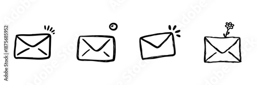 Envelope Icons With Notifications And Flower Line Icon Set In Doodle Style. Email Communication, Message Alerts, And Creative Correspondence Outline Sketch Collection. Hand Drawn Vector Illustration