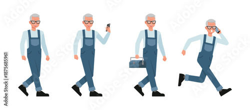 Senior male repair technician character vector illustration design set.