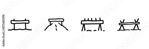 Bridge And Barrier Line Icon Set In Doodle Style. Infrastructure, Construction, And Road Safety Outline Sketch Collection. Hand Drawn Isolated Vector Illustration