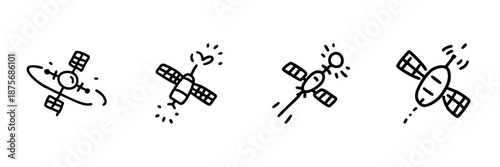 Satellite Communication And Space Exploration Line Icon Set In Doodle Style. Orbital Technology, Data Transmission, And Spacecraft Navigation Outline Sketch Collection. Hand Drawn Vector Illustration
