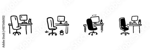 Office Desk And Chair Line Icon Set In Doodle Style. Workspace Organization And Productivity Outline Sketch Collection. Home Office Setup And Ergonomic Design. Hand Drawn Isolated Vector Illustration