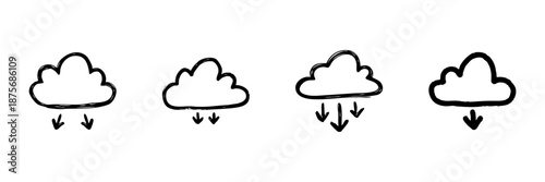 Cloud Download Line Icon Set In Doodle Style. Data Transfer, Cloud Storage, And File Download Outline Sketch Collection. Hand Drawn Isolated Vector Illustration