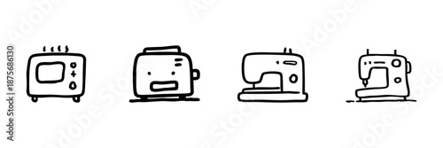 Microwave, Toaster, And Sewing Machine Line Icon Set In Doodle Style. Kitchen Appliances And Sewing Equipment Outline Sketch Collection. Home Essentials And Diy Tools. Hand Drawn Vector Illustration