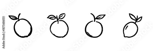 Four Fruit Line Icons In Doodle Style. Citrus Fruits Including Orange And Lemon Outline Sketch Collection. Healthy Eating And Vitamin C Source. Hand Drawn Isolated Vector Illustration