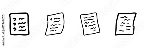 Four Document Pages Line Icon Set In Doodle Style. Office Paperwork, Notes, And Writing Outline Sketch Collection. Hand Drawn Isolated Vector Illustration