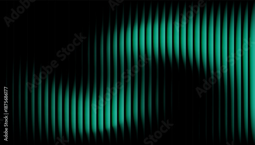 Modern abstract background with glowing teal vertical ripple distortion in an S-curve pattern. Futuristic vibrant cyan wave on black for music covers and technology branding.