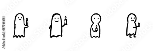 Ghosts Holding Candles Line Icon Set In Doodle Style. Halloween, Spooky Atmosphere, And Paranormal Theme Outline Sketch Collection. Hand Drawn Isolated Vector Illustration