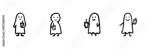 Ghosts With Bubble Tea Line Icon Set In Doodle Style. Playful Spirits Enjoying Boba Drinks Outline Sketch Collection. Whimsical Beverage Theme. Hand Drawn Isolated Vector Illustration