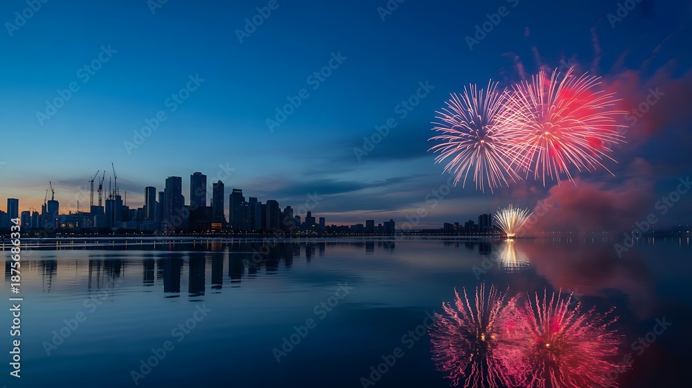 Fototapeta premium City Skyline Fireworks Reflection Night Sky Celebration
