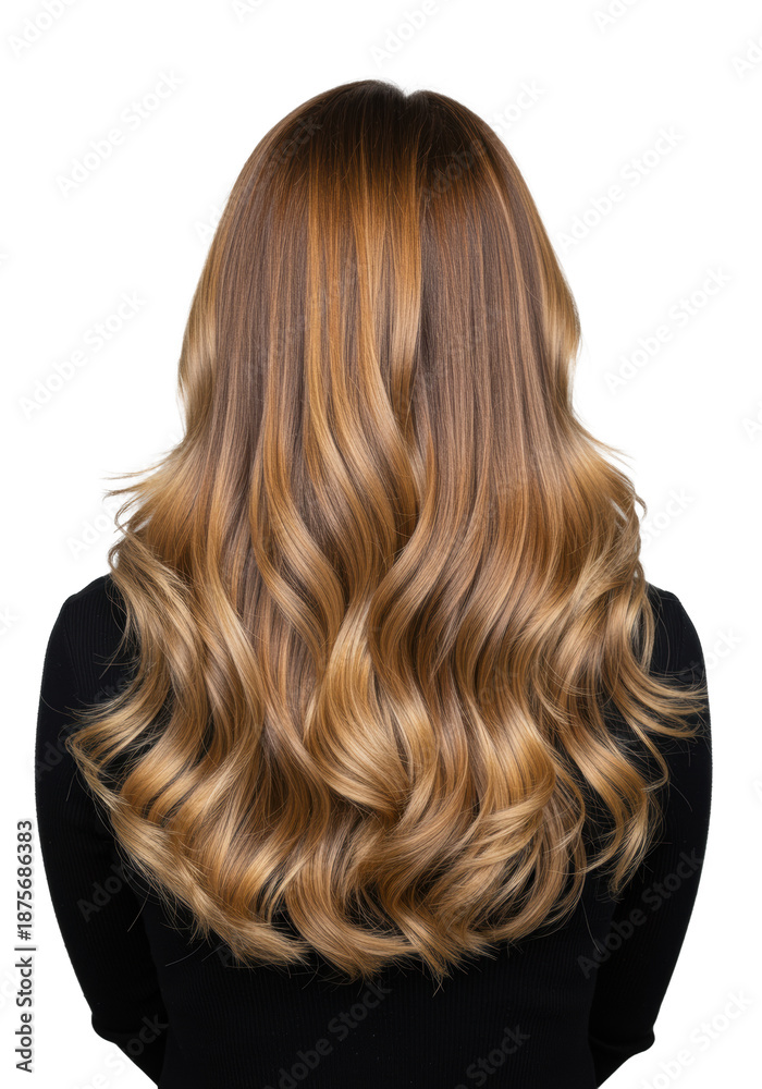 Naklejka premium Young woman from rear, long voluminous wavy balayage hair, sun-kissed blonde highlights, black top, soft studio lighting on neutral gray background. Concept of elegant hair beauty and professional