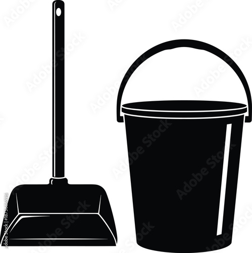 Minimalist black and white cleaning set illustration featuring dustpan and bucket silhouettes, housekeeping equipment icons for sanitation and hygiene, isolated.