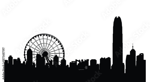 Silhouette of a city skyline featuring a ferris wheel and tall buildings