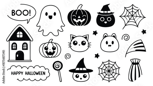 Halloween Icons With Ghosts Pumpkin Witch Hat Cat And Spider Web vector illustration