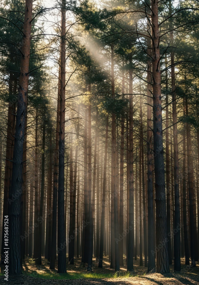Fototapeta premium Sunlight filtering through a dense stand of tall pine trees within a managed commercial timber forest ready for sustainable harvesting operations, peaceful, scenic, renewable