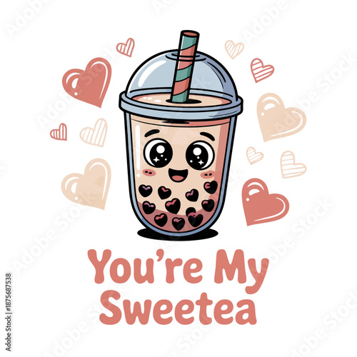 A cute cartoon boba tea cup with a smiling face and pink cheeks.