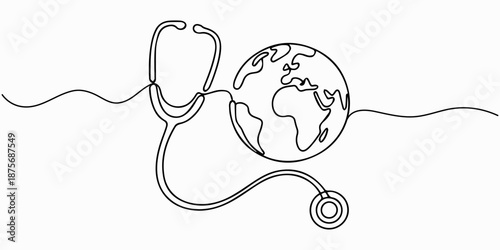 World health  day medical stethoscope  single line art, continuous one line drawing of  Isolated outline vector icon, Continuous line drawing of stethoscope shaped into heart around Earth, symbolizing