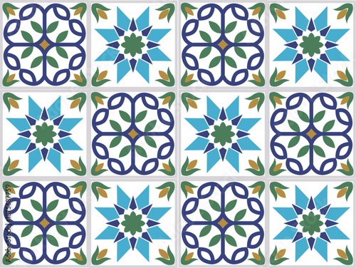 Mediterranean Portuguese tile mosaic pattern, geometric Floral flower vector seamless pattern bundle background design print