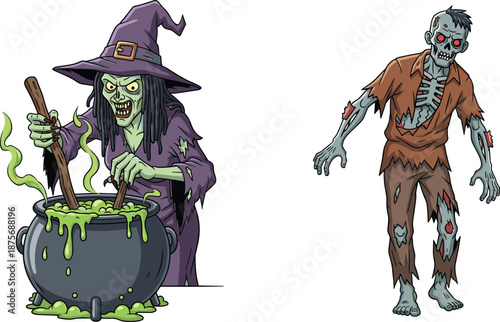 Halloween witch, green skin sorceress, bubbling cauldron, scary zombie, undead monster, horror fantasy, spooky illustration, creepy potion, dark magic, nightmare