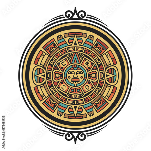Ancient Aztec calendar badge logo template featuring the Sun Stone with intricate mythological carvings and colorful geometric patterns in a circular ornate frame for Mexico travel and heritage brandi