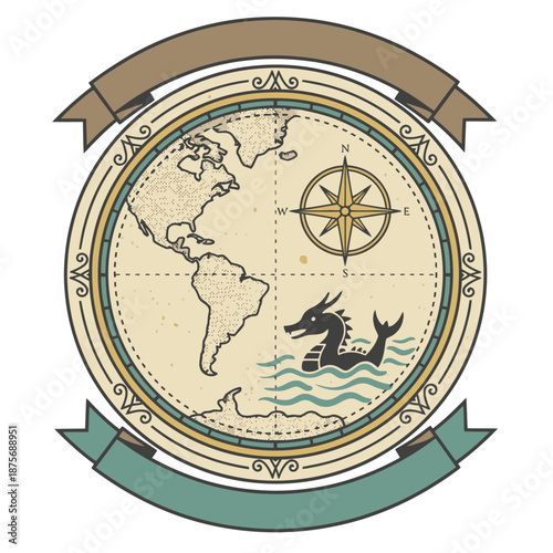 Vintage world map badge logo template featuring western hemisphere globe with sea monster illustration wind rose compass and elegant banners for travel exploration and nautical branding