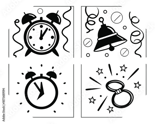 New Year Celebration Icons with Alarm Clocks Confetti and Ring time countdown