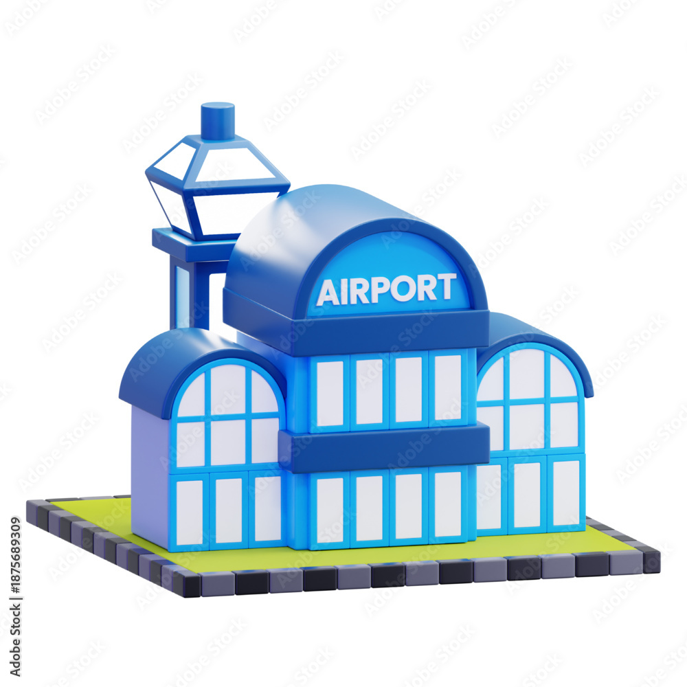 Naklejka premium 3D illustration of a modern airport building with control tower, symbolizing travel and transportation