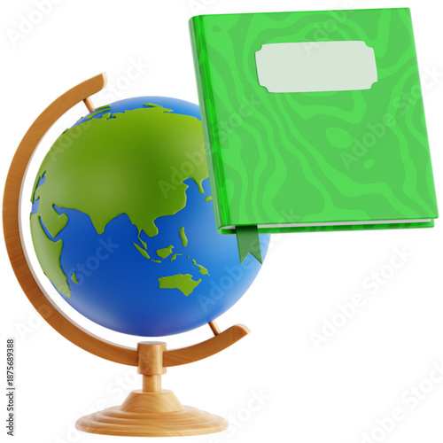 A 3D render of a green book and a globe on a wooden stand, symbolizing global education and knowledge sharing