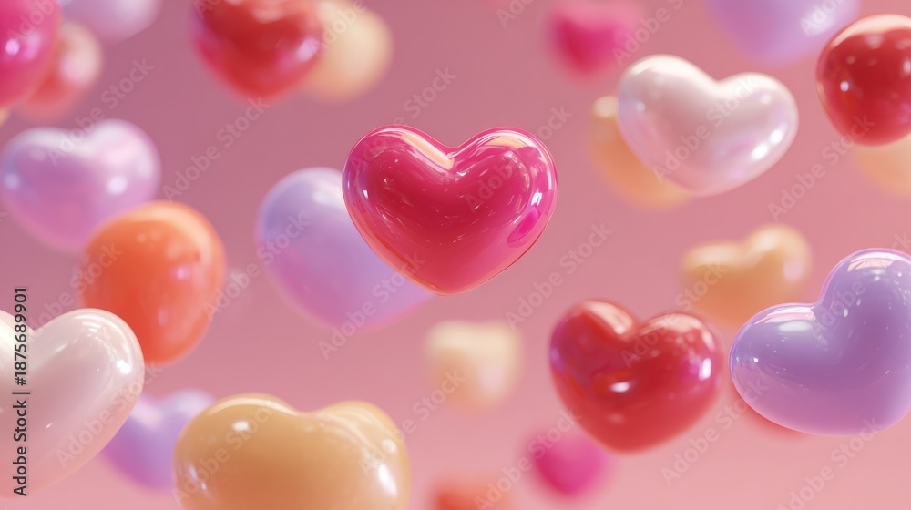 Fototapeta premium Colorful and Glossy Heart Shapes Floating in a Dreamy Pink Background Perfect for Celebrating Love and Affection in Various Creative Projects