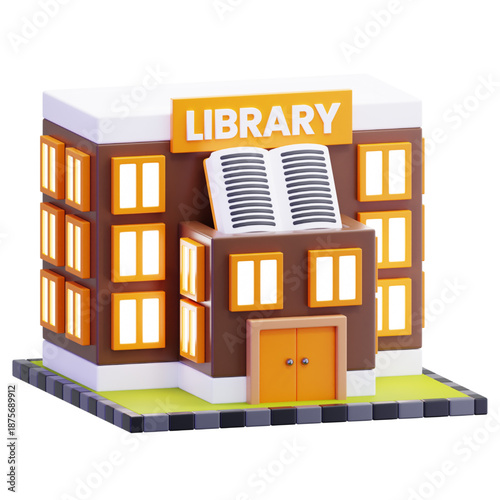 A 3D illustration of a library building with an open book on top, symbolizing knowledge and education