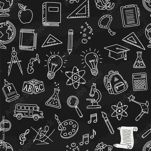 A detailed seamless pattern of hand-drawn white chalk icons on a black chalkboard, featuring various educational, scientific, and artistic elements.