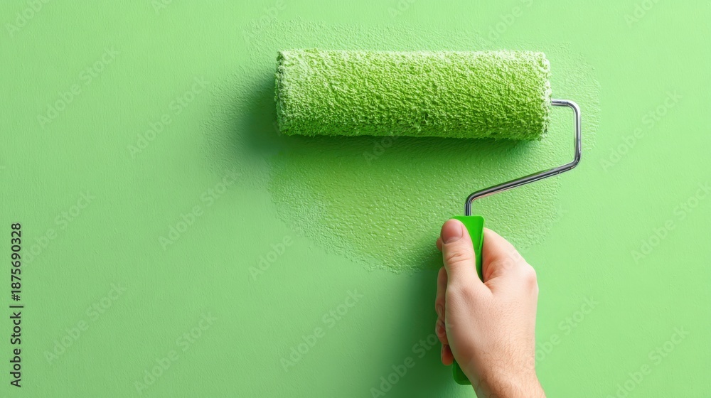 Obraz premium Hand Holding Paint Roller Applying Fresh Green Paint to Smooth Wall Surface in Home Renovation or Interior Design Project for a Vibrant Look